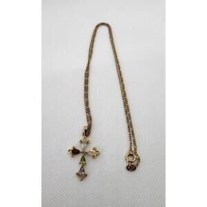 Gold Tone 925 Cross Pendant Necklace with Multicolored Stones